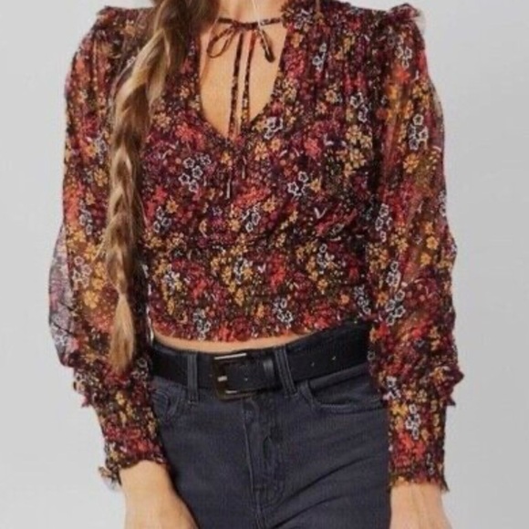 Free People Women’s Twyla Smocked Cropped Black Floral Sheer Blouse Top, Large - Picture 4 of 9